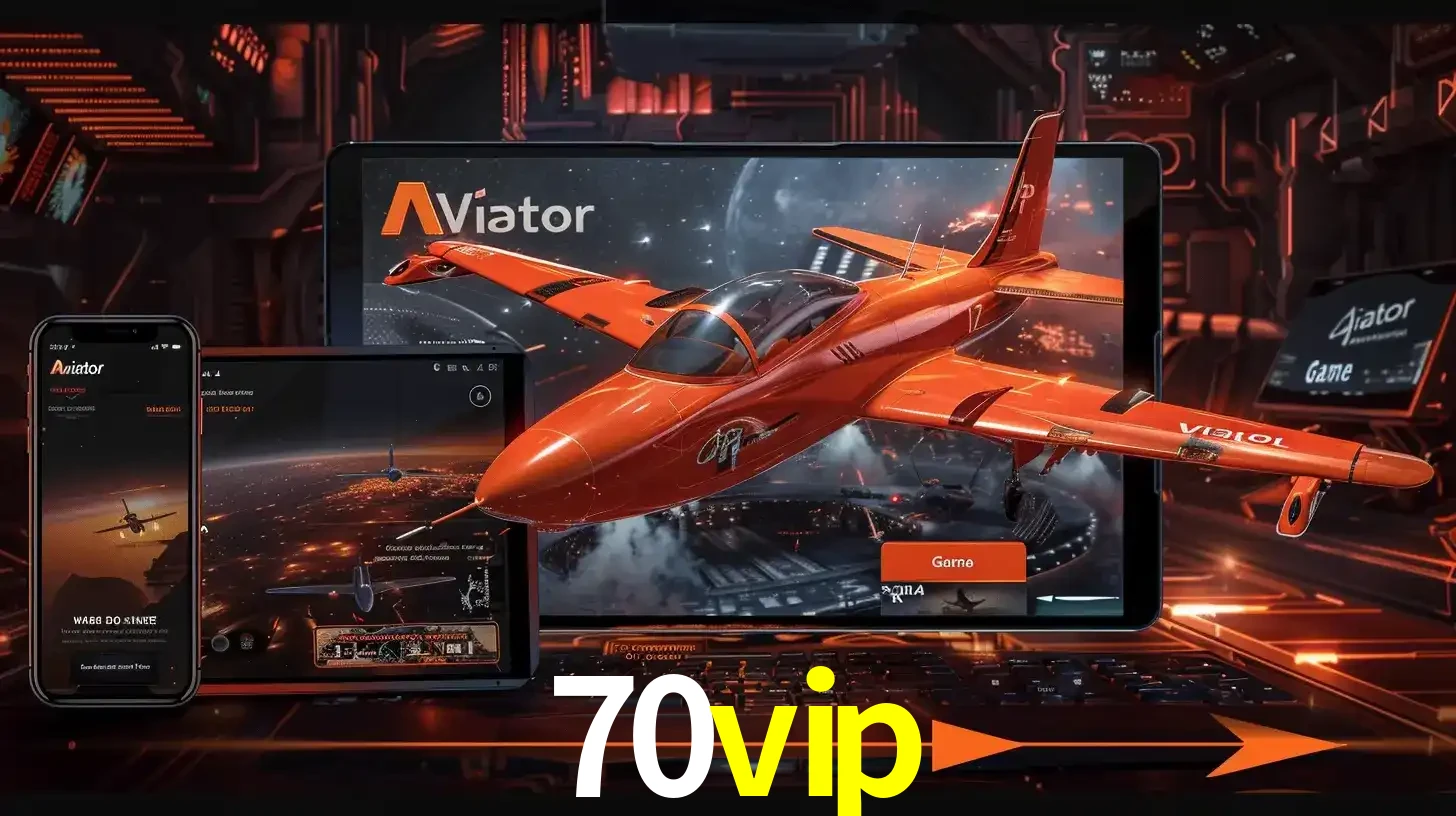 Apresentação tecnológica do jogo Aviator com um avião saindo da tela de um tablet, demonstrando a experiência imersiva em múltiplos dispositivos no 70vip.