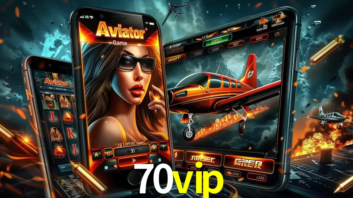 O popular jogo de apostas Aviator exibido em vários celulares e tablets, mostrando a interface emocionante e a ação de voo disponíveis para jogar agora no 70vip.