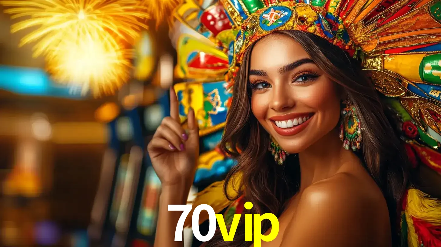 Mulher sorridente com um cocar de carnaval vibrante e colorido, celebrando uma grande vitória nos jogos do cassino 70vip com fogos de artifício ao fundo.