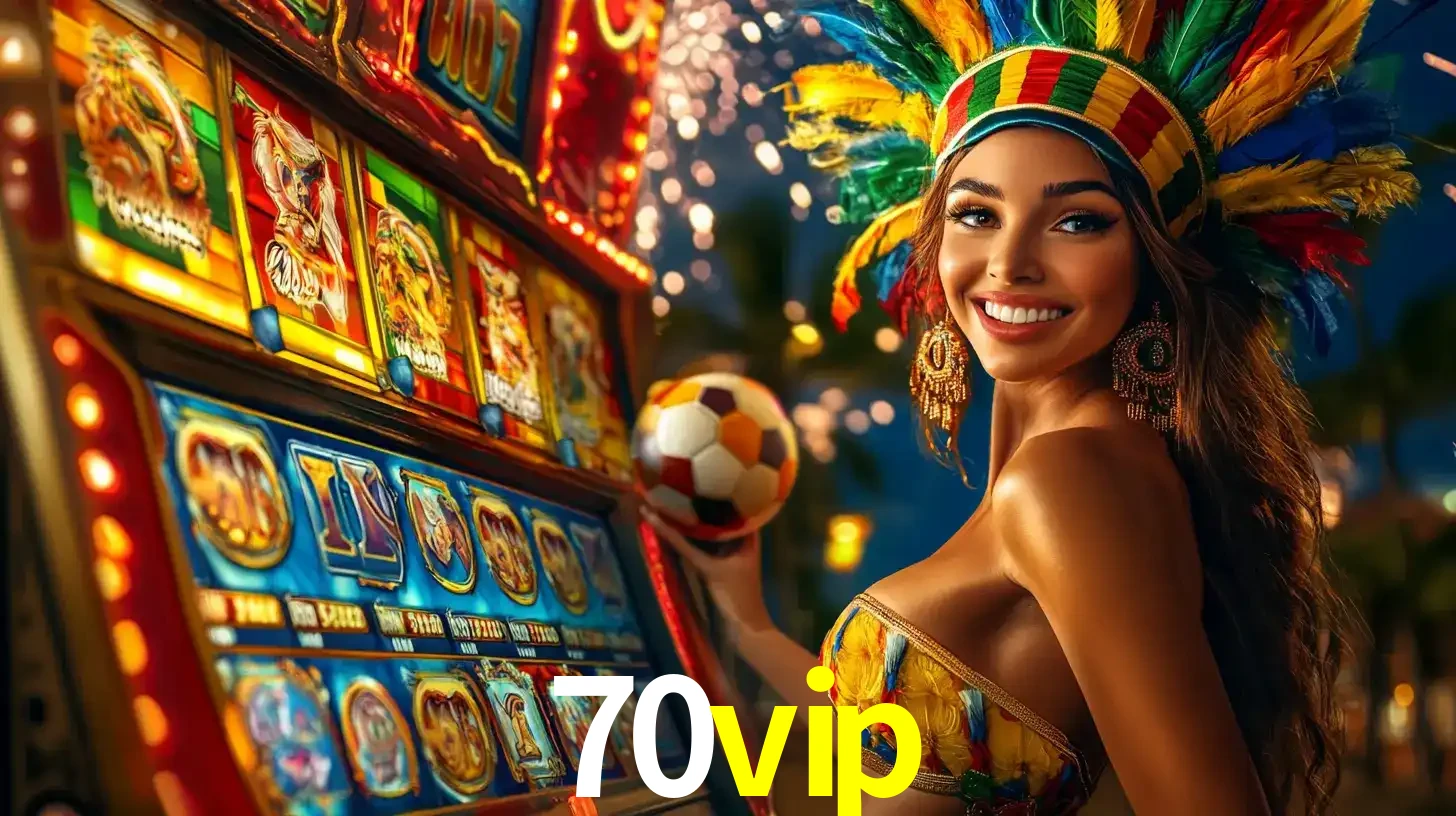 Mulher com um cocar de carnaval ao lado de uma máquina de caça-níqueis enquanto segura uma bola de futebol, mostrando a união da diversão de cassino e esportes no 70vip.