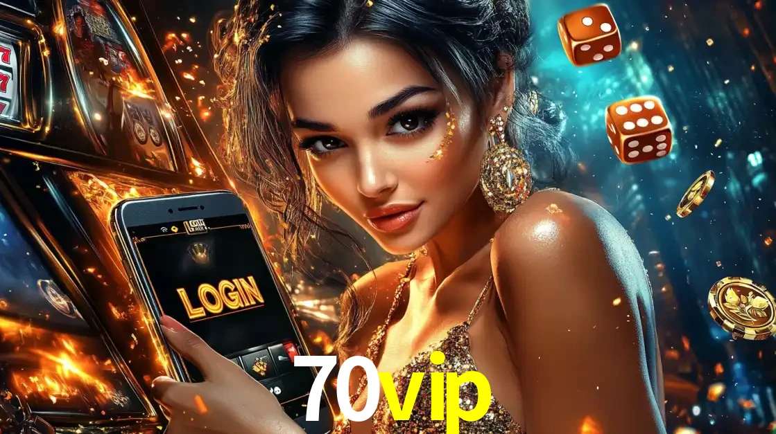 Mulher glamourosa segurando um celular com a tela de login do cassino 70vip, rodeada por dados e moedas douradas, pronta para começar a diversão.