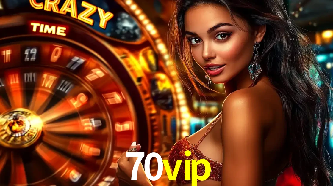 Mulher ao lado da roda de prêmios do jogo de cassino ao vivo Crazy Time, um dos shows de jogos mais emocionantes oferecidos pela plataforma de apostas 70vip.