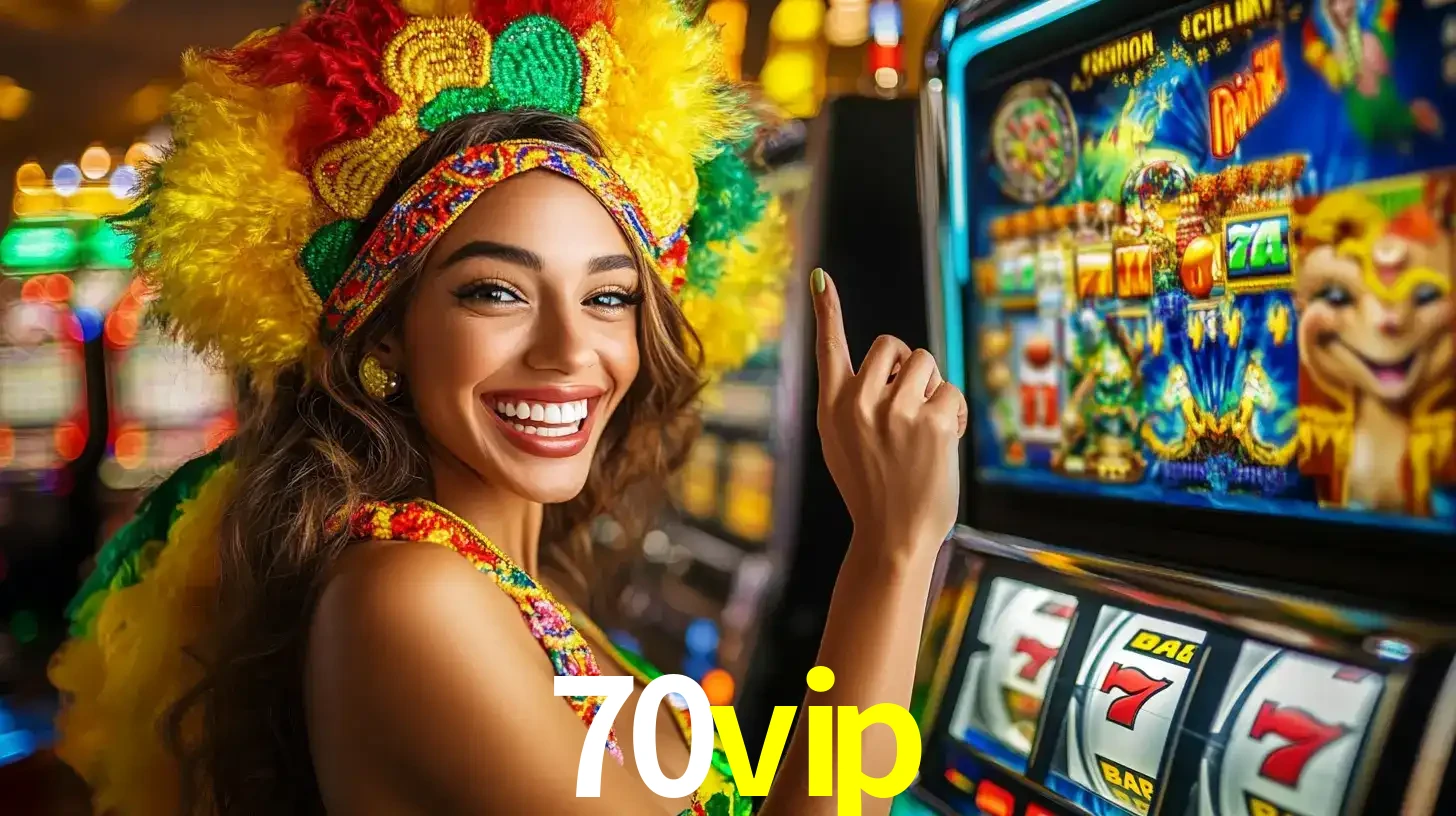 Mulher animada com um cocar de carnaval apontando para uma máquina de caça-níqueis, mostrando a emoção de ganhar um grande prêmio nos jogos do 70vip.