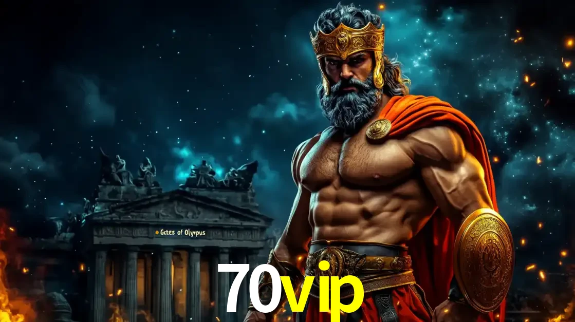 O poderoso Zeus do jogo de slot Gates of Olympus em frente ao seu templo, pronto para lançar multiplicadores divinos e prêmios épicos no cassino online 70vip.