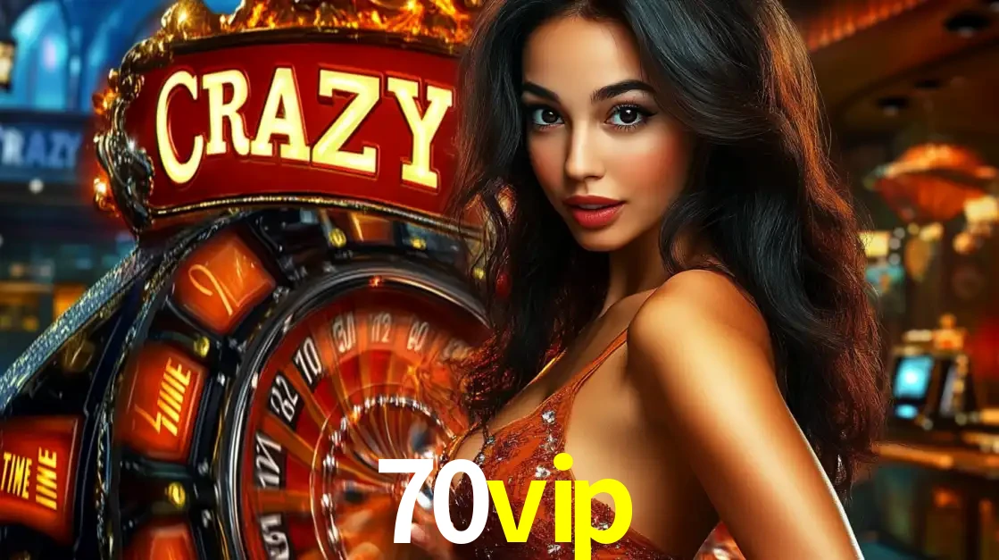 Mulher glamourosa olhando para a câmera com a roda vermelha do Crazy Time ao fundo em um ambiente de cassino, destacando a emoção dos jogos ao vivo no 70vip.