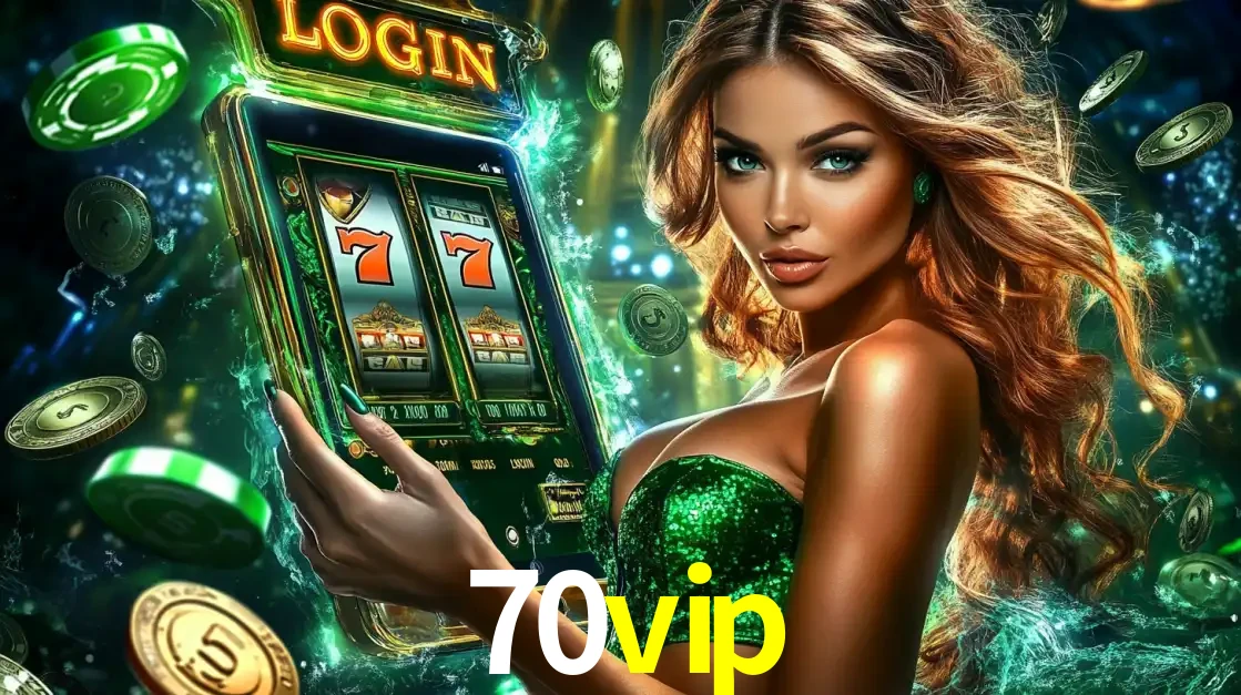 Mulher com tema verde apresentando o aplicativo do cassino 70vip com um jogo de slot de 777, cercada por fichas de cassino e uma aura de sorte.