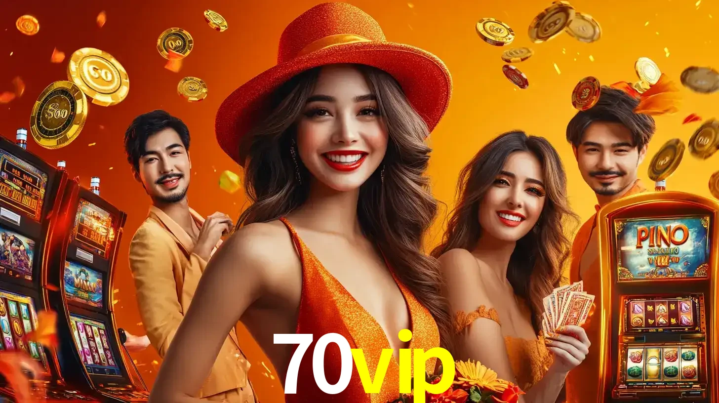 Grupo de amigos asiáticos sorrindo e se divertindo com máquinas de caça-níqueis em um ambiente festivo, celebrando suas vitórias nos jogos de cassino do 70vip.