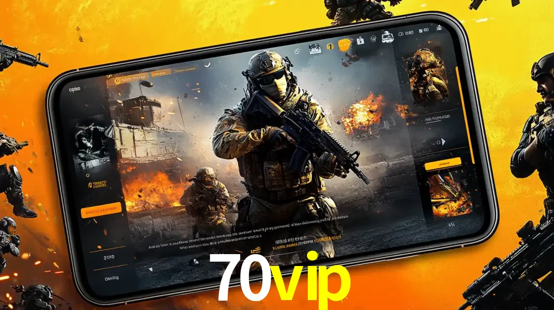Um smartphone exibindo a interface de um jogo de tiro em primeira pessoa, com um soldado em um cenário de batalha, representando a ação dos e-sports para apostar no 70vip.