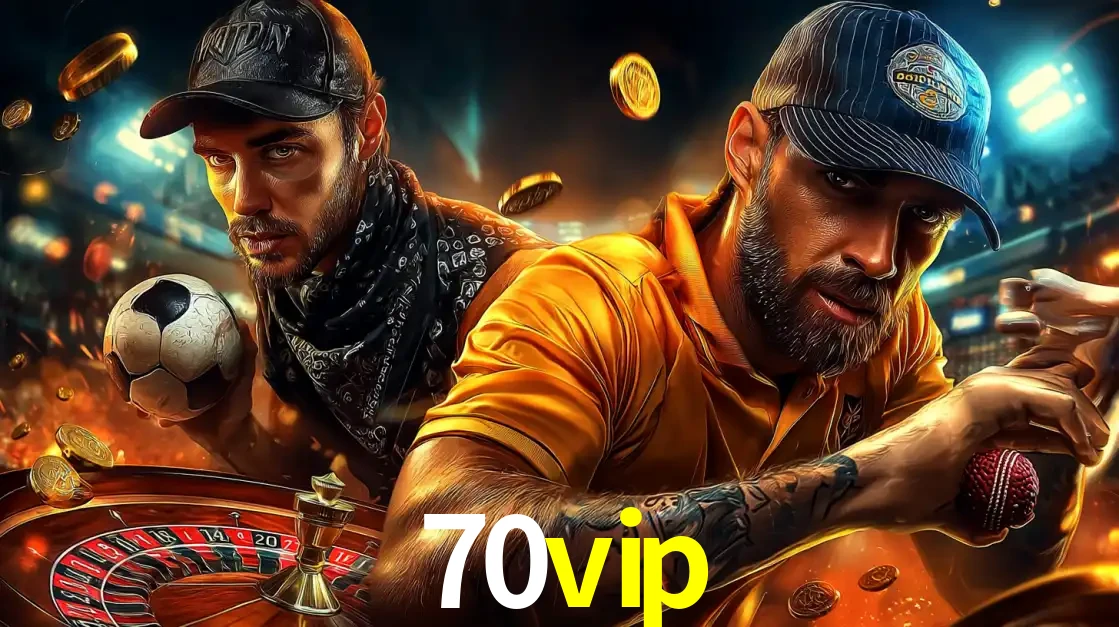 Montagem de apostas esportivas e cassino no 70vip, com um homem segurando uma bola de futebol e outro uma de beisebol sobre uma roleta e moedas voadoras.