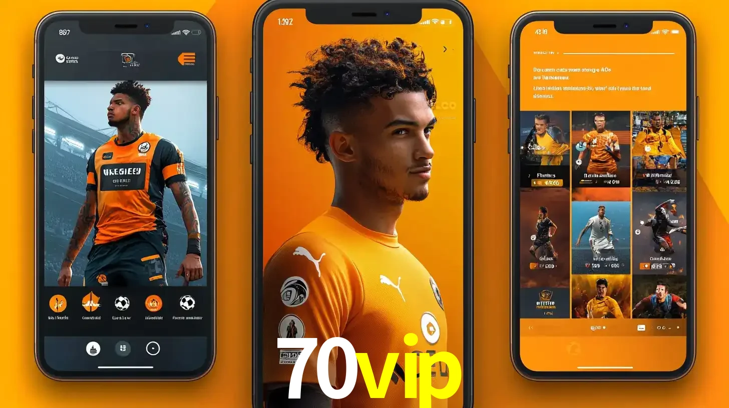 Interface do aplicativo de apostas esportivas 70vip em três telas de celular, mostrando o perfil de um jogador de futebol e a lista de jogos disponíveis para apostar.