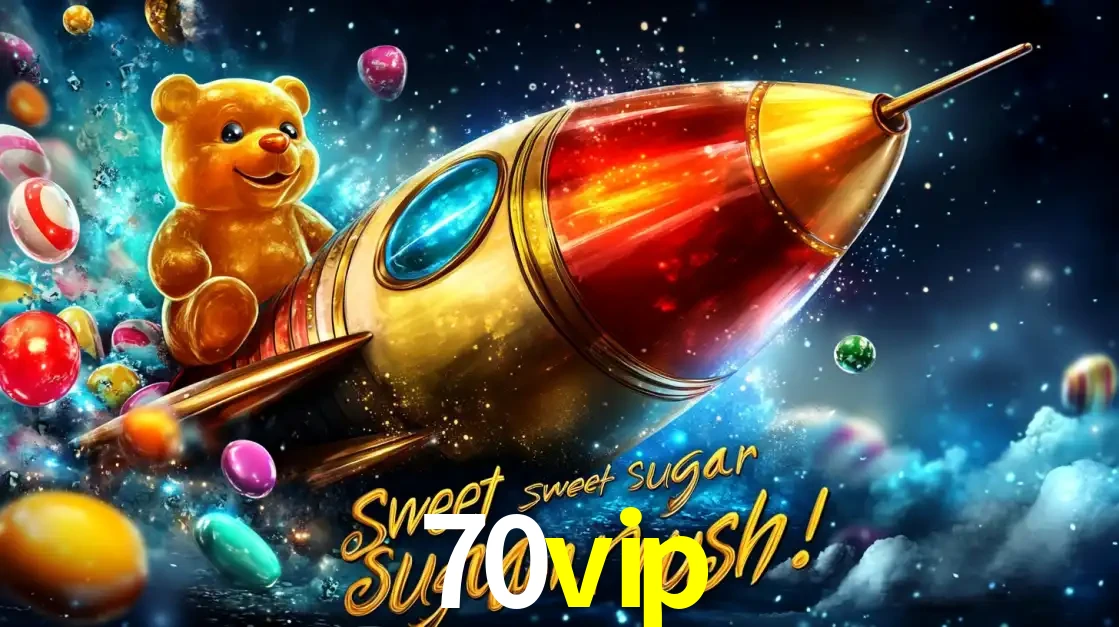 Arte promocional do jogo de slot Sugar Rush, com um urso de pelúcia em um foguete viajando pelo espaço de doces, um dos jogos divertidos disponíveis no cassino 70vip.