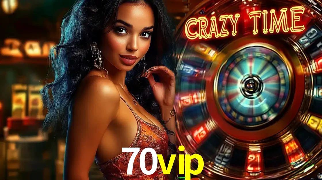 Mulher elegante ao lado da vibrante roda da fortuna do jogo de cassino ao vivo Crazy Time, um dos game shows mais populares e cheios de prêmios do 70vip.