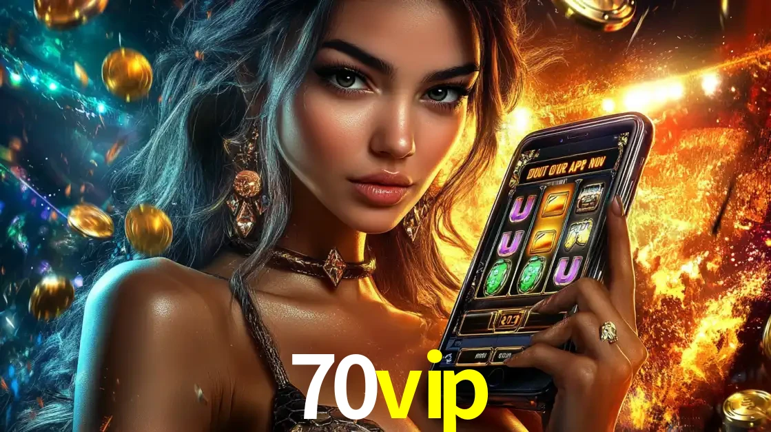 Mulher elegante mostrando um jogo de caça-níqueis em seu smartphone, destacando a experiência de cassino móvel oferecida pelo aplicativo 70vip.