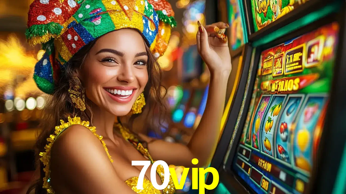 Mulher feliz com traje de carnaval amarelo e colorido ao lado de uma máquina de caça-níqueis, aproveitando a diversão e os jogos temáticos do cassino 70vip.