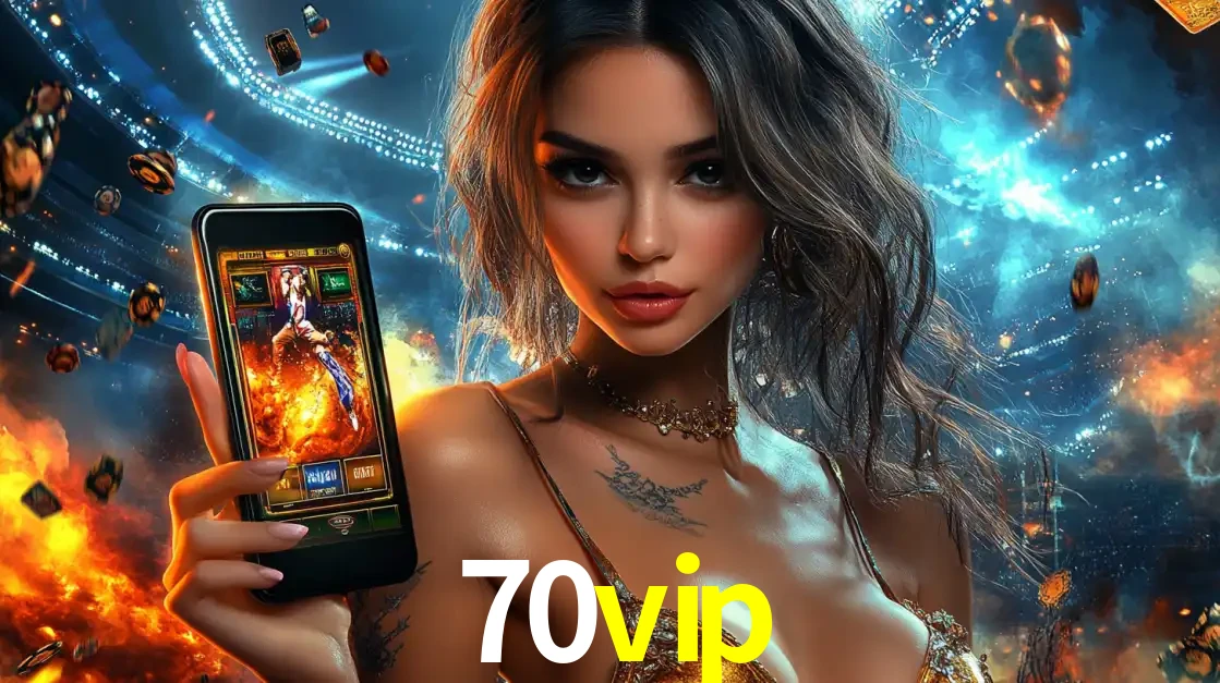 Mulher segurando um celular com um jogo de slot em destaque, tendo como fundo um estádio vibrante, simbolizando a emoção de jogar no cassino móvel 70vip.