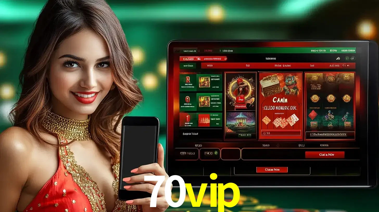 Mulher sorridente segurando um smartphone, ao lado de uma tela exibindo o lobby de jogos do cassino online 70vip, com várias opções de jogos de cartas e slots.